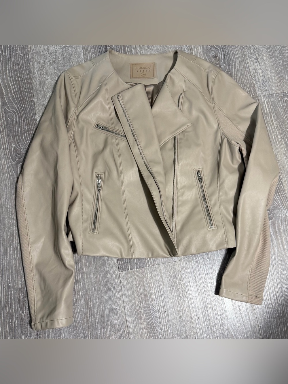 Blank NYC Cropped Taupe Faux Leather Moto Jacket